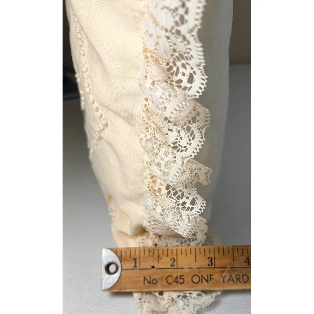 Vintage Handmade Embroidered Floral Lace Trim Throw Pillow Cottagecore Cream